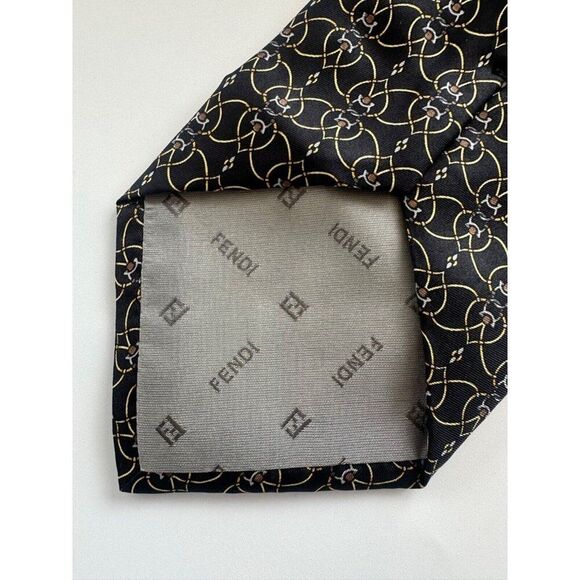 Fendi Men's Designer Silk Tie Black Geometric Made in Italy Career - Picture 5 of 7